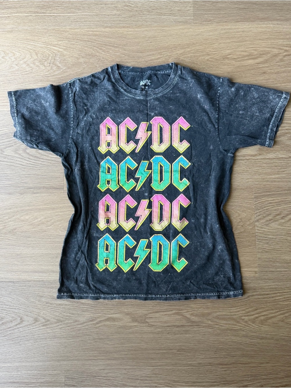 AC/DC  Black Mineral Wash Tee with Pink, Teal & Yellow Logo